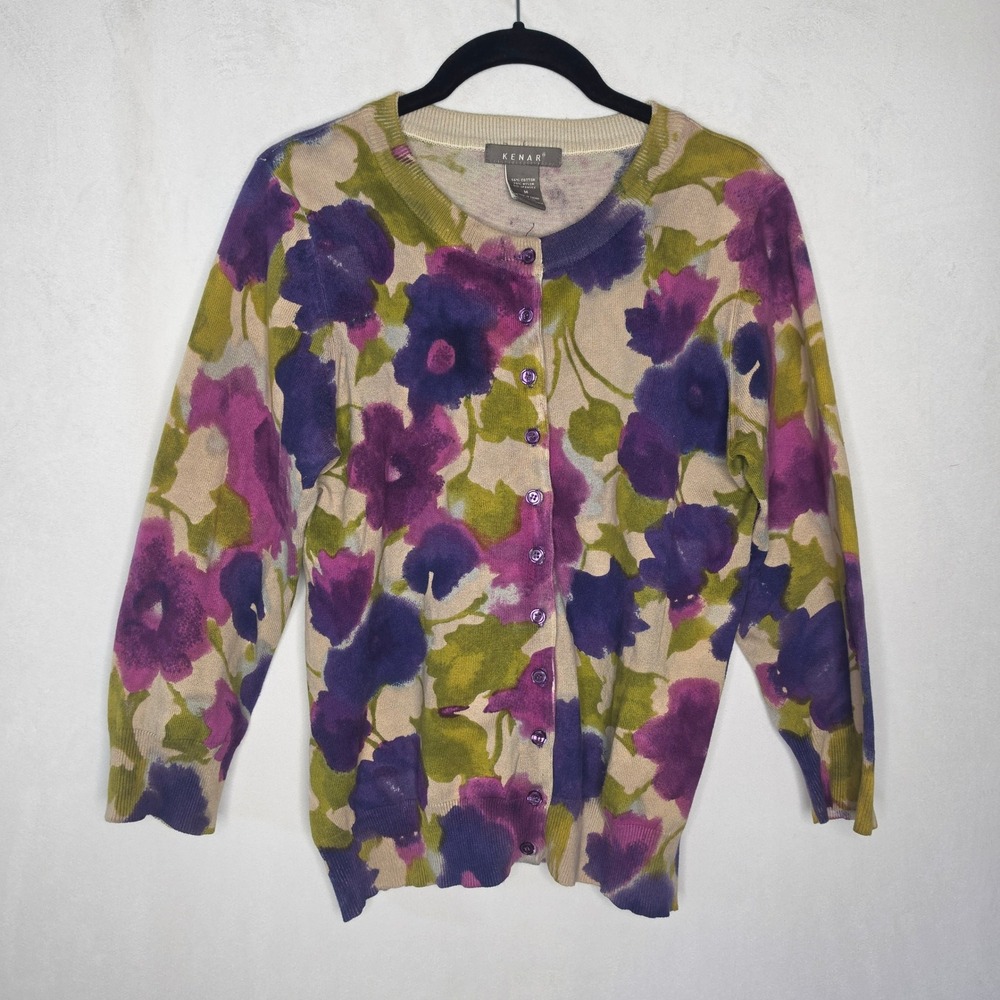 Kenar Floral Cotton Blend Cardigan Sweater Purple Green Watercolor  Button SizeM